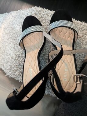 Bamboo Women's Black Rhinestone Ankle-Strap Sandals